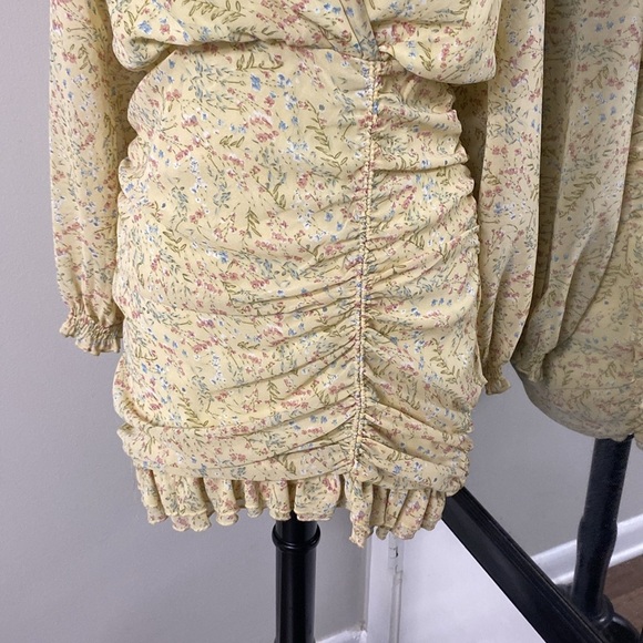PALE BUTTER YELLOW FLORAL MILKMAID MABLE DRESS WRAP TOP W/ROUCHED SKIRT KEYHOLE - Picture 4 of 12